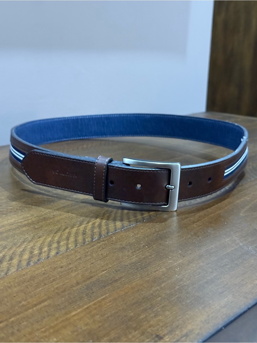 Nautica men's belt featuring brown leather,blue canvas inlay, Silver buckle